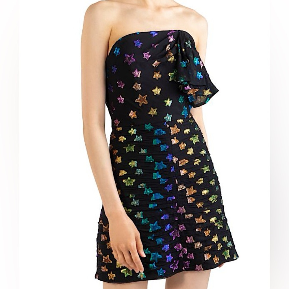 Shoshanna Nyla Strapless Black Metallic Rainbow Star Ruffle Mini Dress Size 6